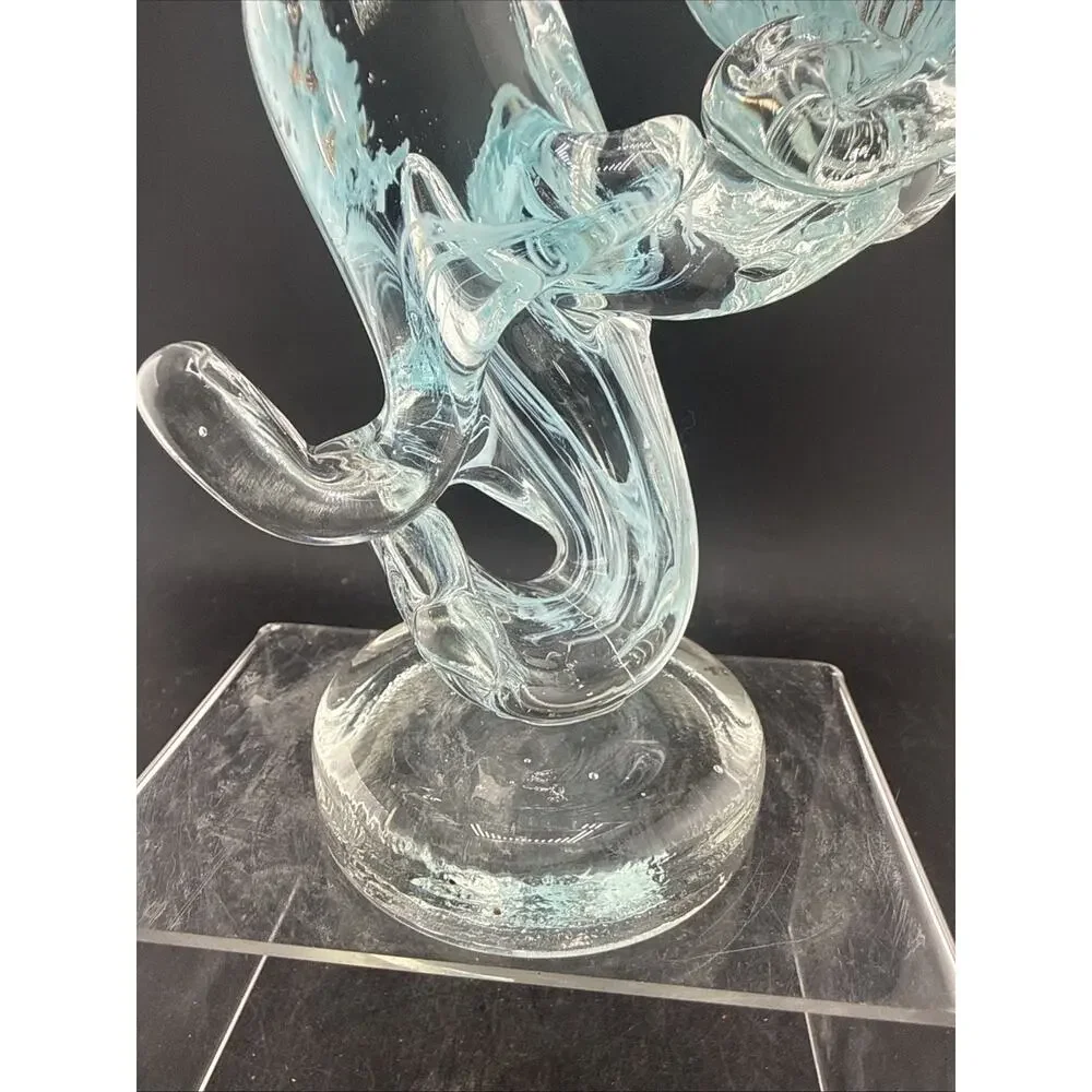Vintage Murano Style Art Glass Double Angelfish on Wave Sculpture Blue Clear